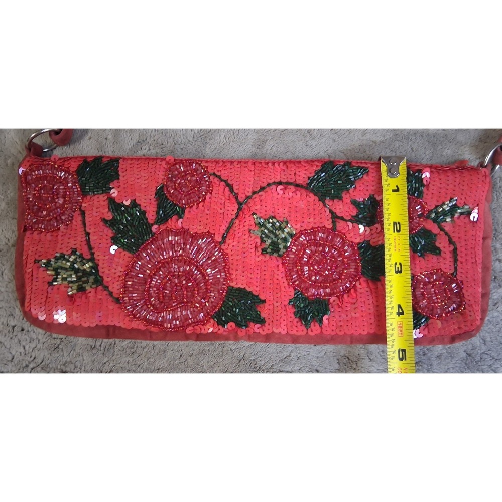 Vintage Cache Red Beaded Sequin Rose Floral Baguette Shoulder Bag Y2K Evening - Picture 9 of 14